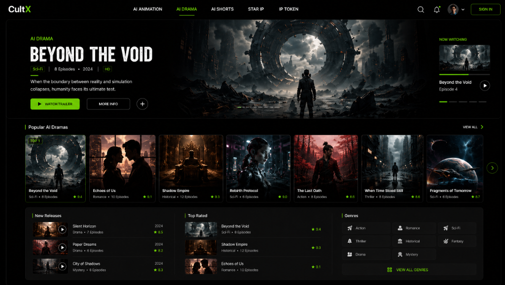 CultX Platform Real Interface — AI Drama, Star IP Universe, Trending Now streaming hub